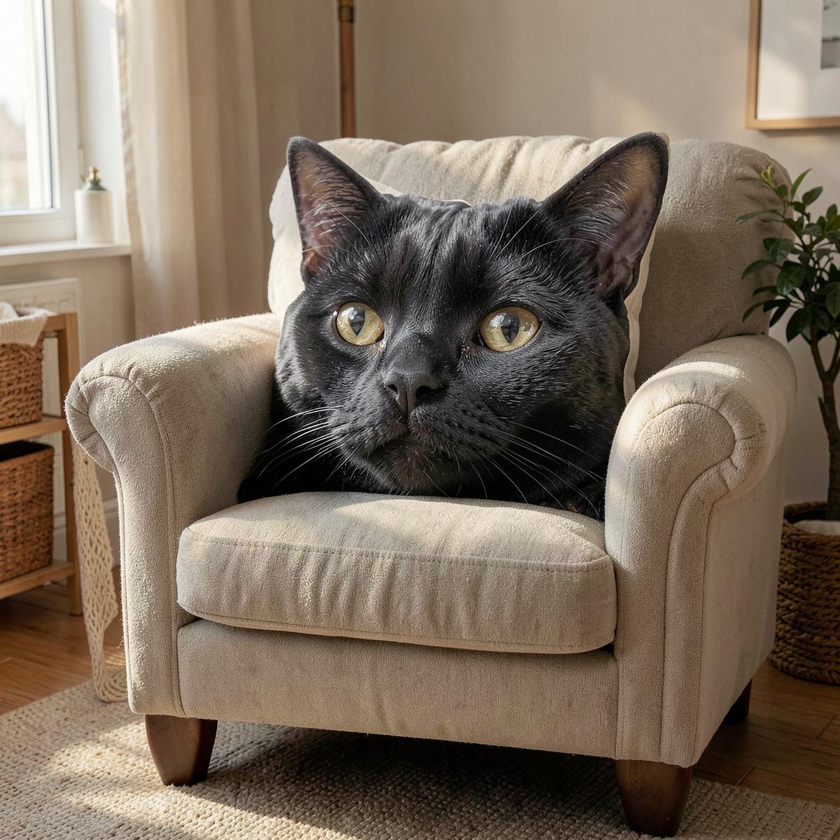 70cm black cat Puff pillow filling an armchair