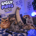 Ugly Puffs custom pet photo pillows — cat, dog and rabbit face Puffs grouped on a blue blanket and grey sofa