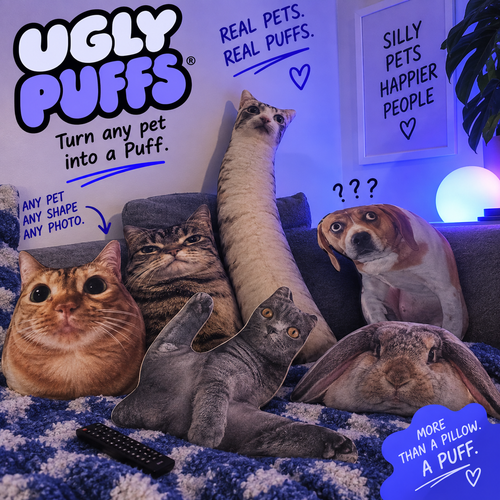 Ugly Puffs custom pet photo pillows — cat, dog and rabbit face Puffs grouped on a blue blanket and grey sofa