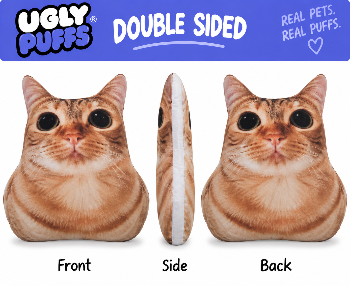 Double-sided ginger cat photo pillow shown from the front, side and back with a hidden seam