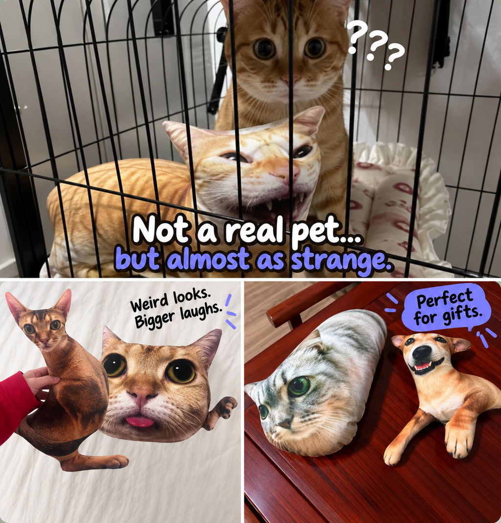 A real ginger cat inspecting its own custom photo pillow, with more cat and dog Puffs held in hand and on a table