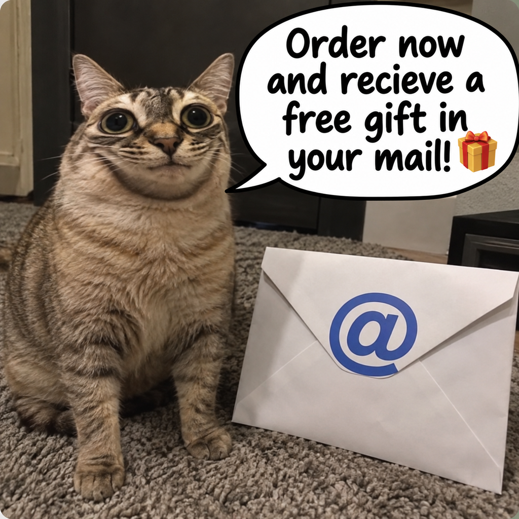 Tabby cat sitting beside a white envelope, illustrating the free gift included with every Ugly Puffs order
