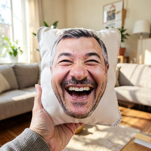 Human face photo pillow held up in a living room, printed from a customer photo